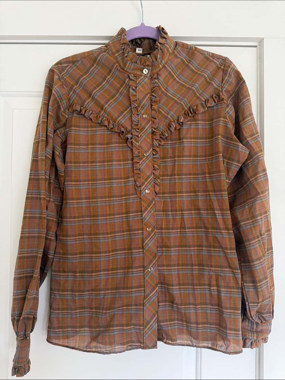 Millie western Plaid Ruffle-Front Blouse in Rust